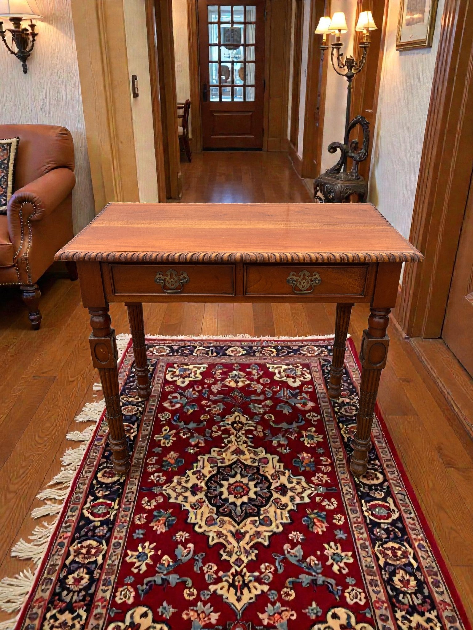 Vintage Writing Desk with Turned Legs | Two Drawer Desk with Brass Handles