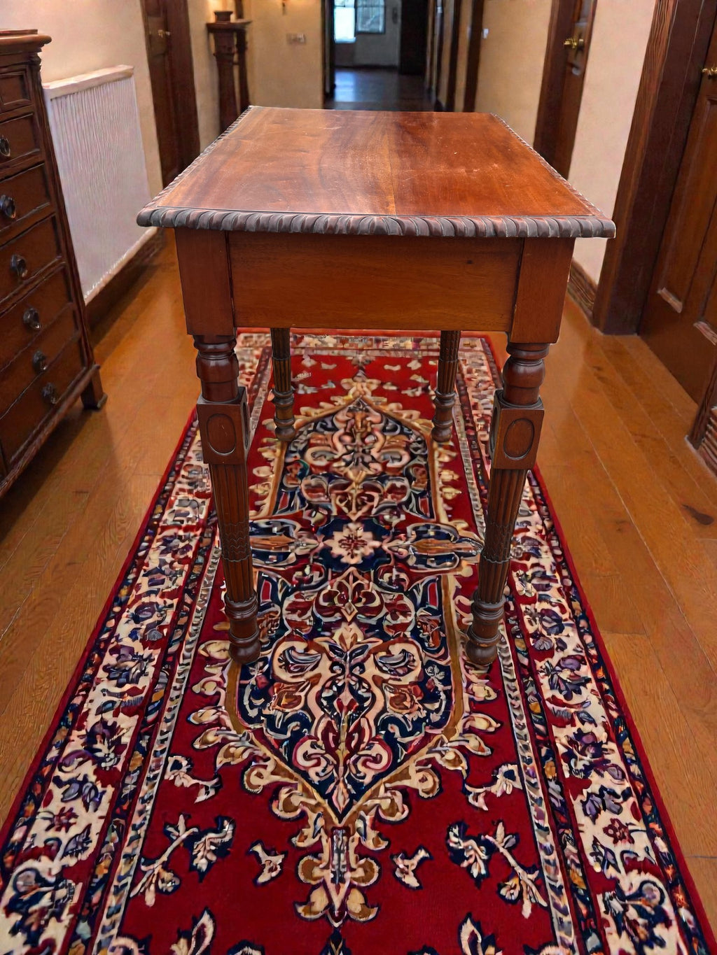 Vintage Writing Desk with Turned Legs | Two Drawer Desk with Brass Handles