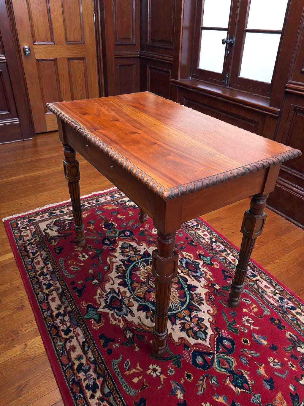 Vintage Writing Desk with Turned Legs | Two Drawer Desk with Brass Handles
