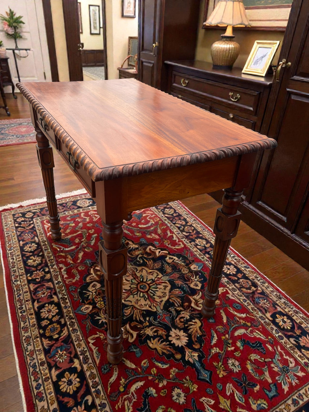 Vintage Writing Desk with Turned Legs | Two Drawer Desk with Brass Handles