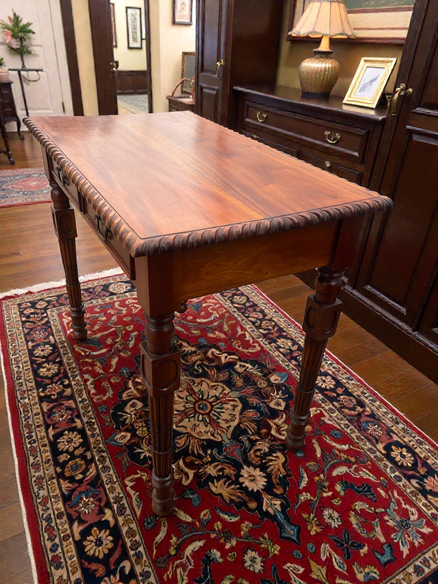 Vintage Writing Desk with Turned Legs | Two Drawer Desk with Brass Handles
