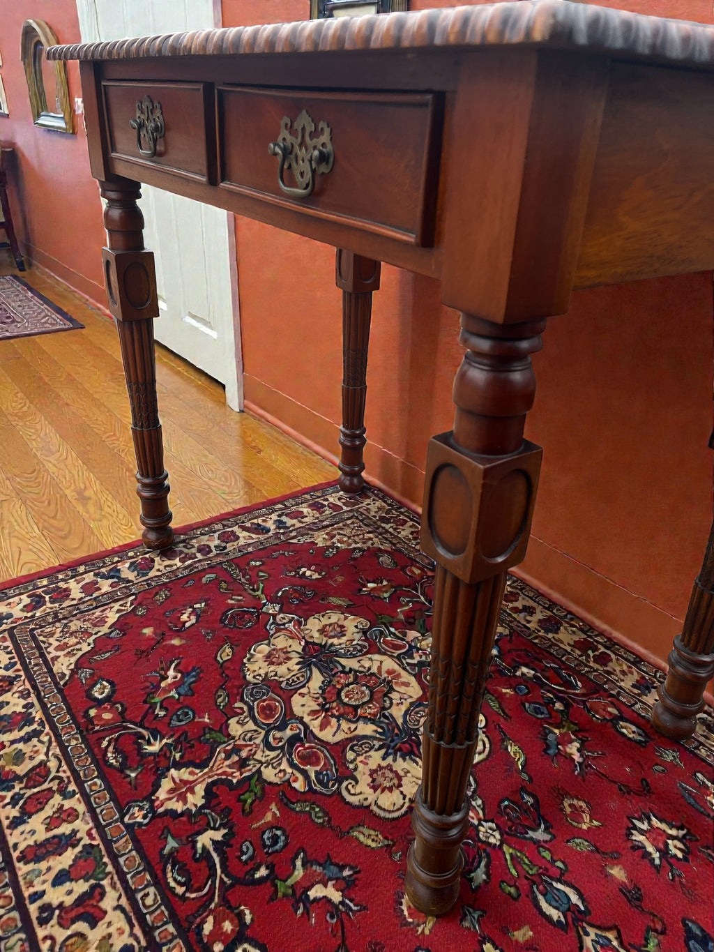 Vintage Writing Desk with Turned Legs | Two Drawer Desk with Brass Handles