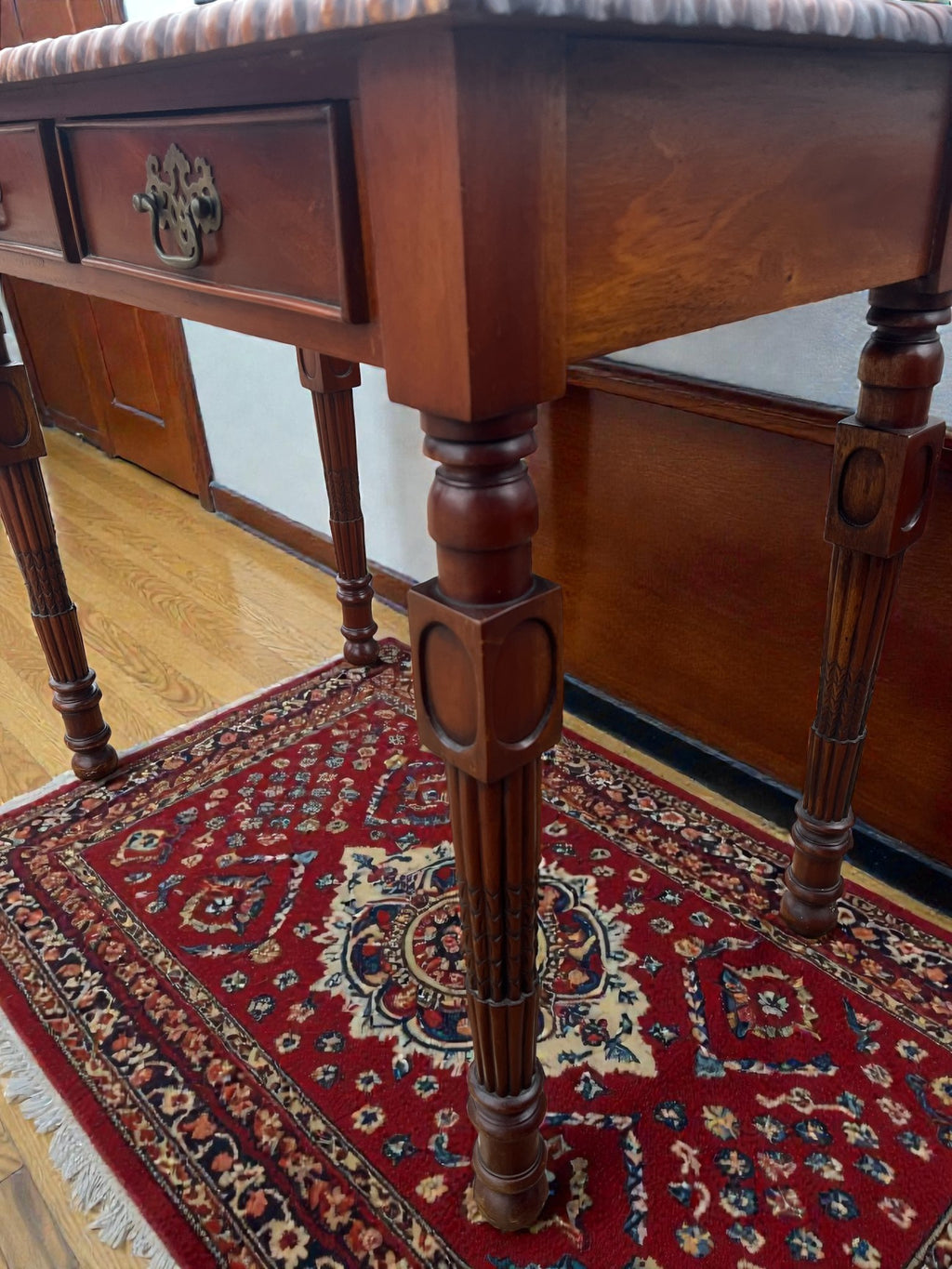 Vintage Writing Desk with Turned Legs | Two Drawer Desk with Brass Handles