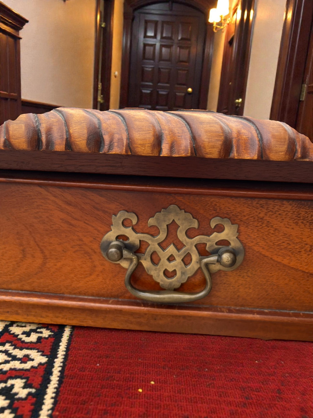 Vintage Writing Desk with Turned Legs | Two Drawer Desk with Brass Handles