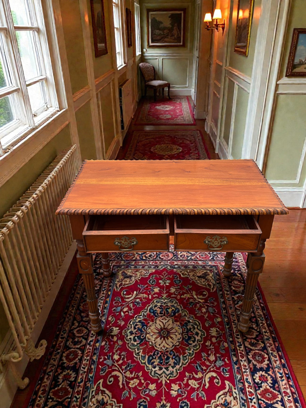 Vintage Writing Desk with Turned Legs | Two Drawer Desk with Brass Handles