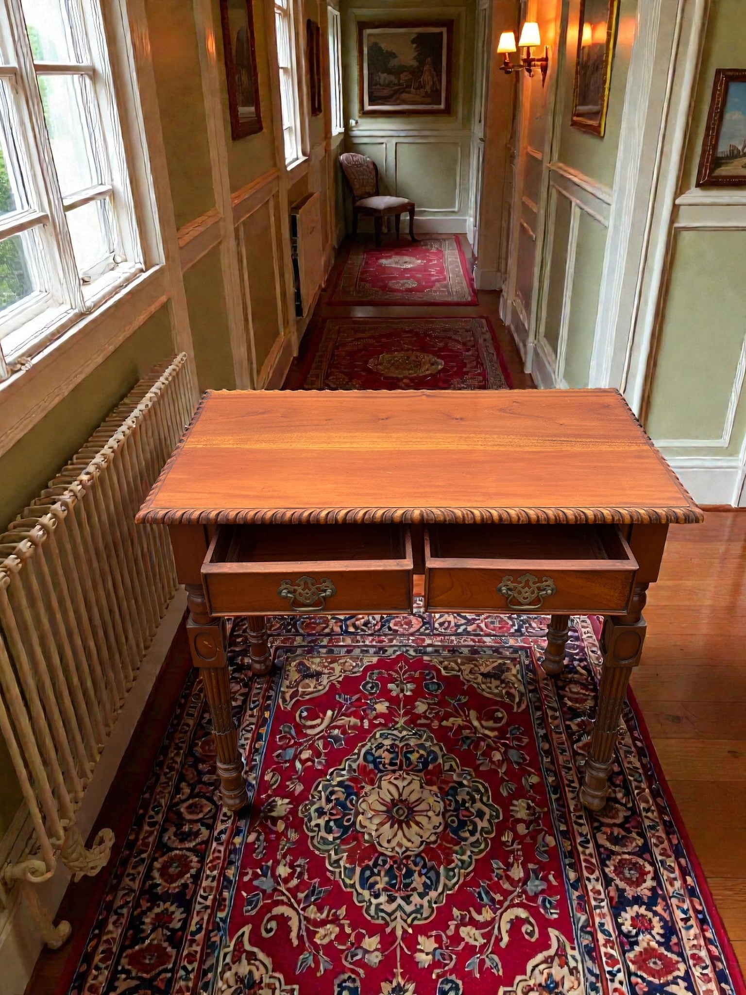Vintage Writing Desk with Turned Legs | Two Drawer Desk with Brass Handles