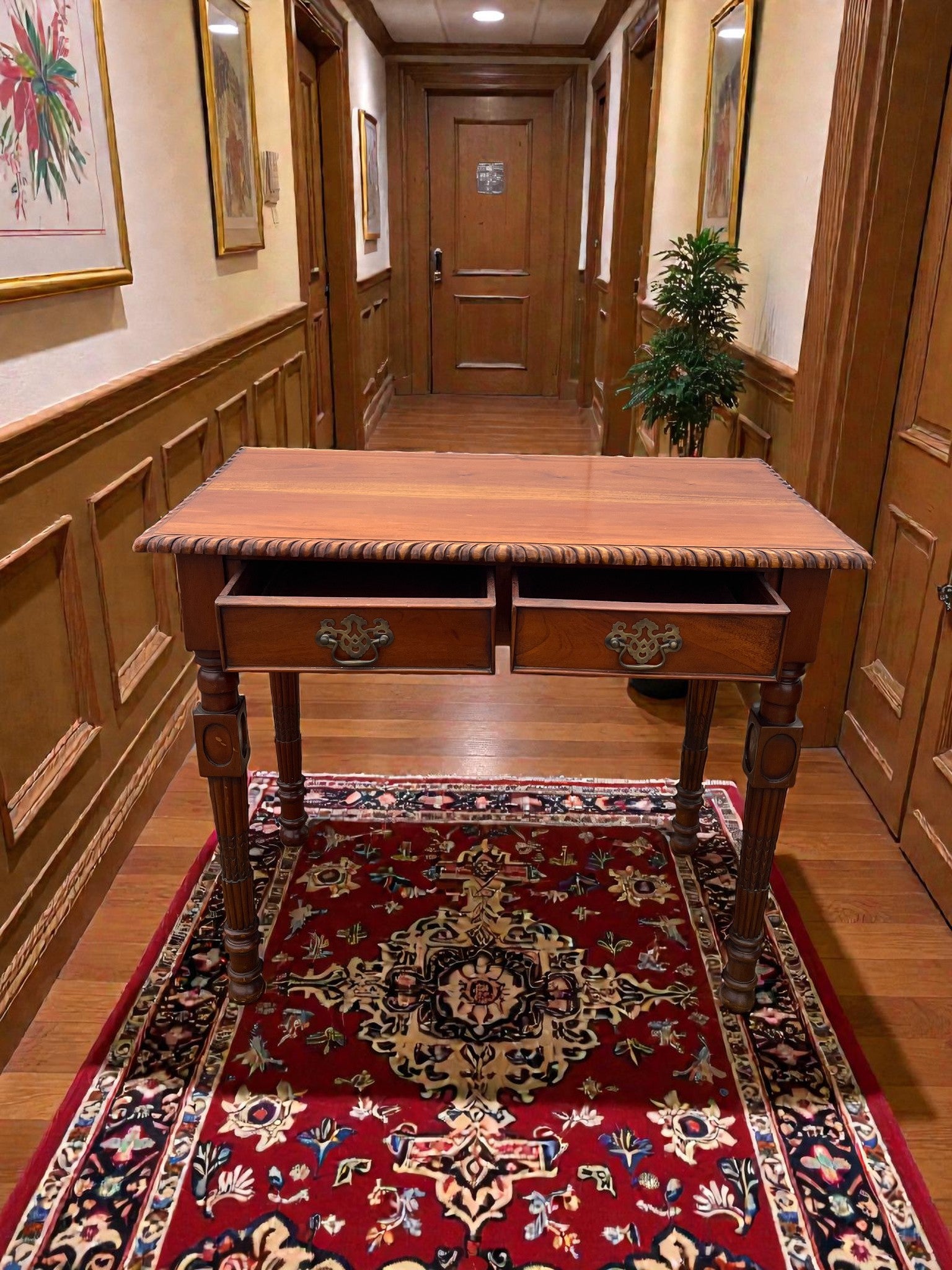 Vintage Writing Desk with Turned Legs | Two Drawer Desk with Brass Handles