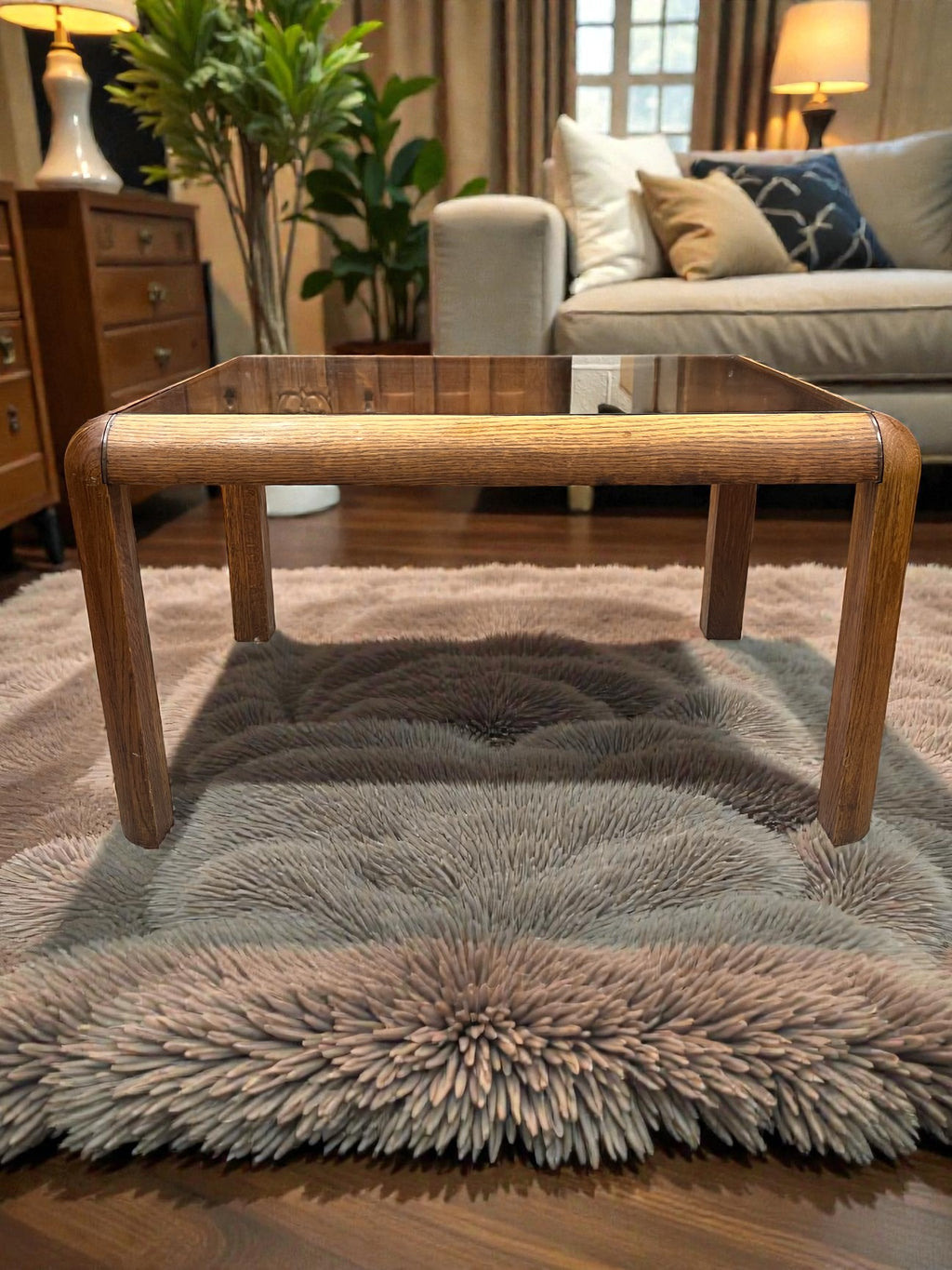 Danish Style Mid-Century Glass Coffee Table | Rounded Teak Frame