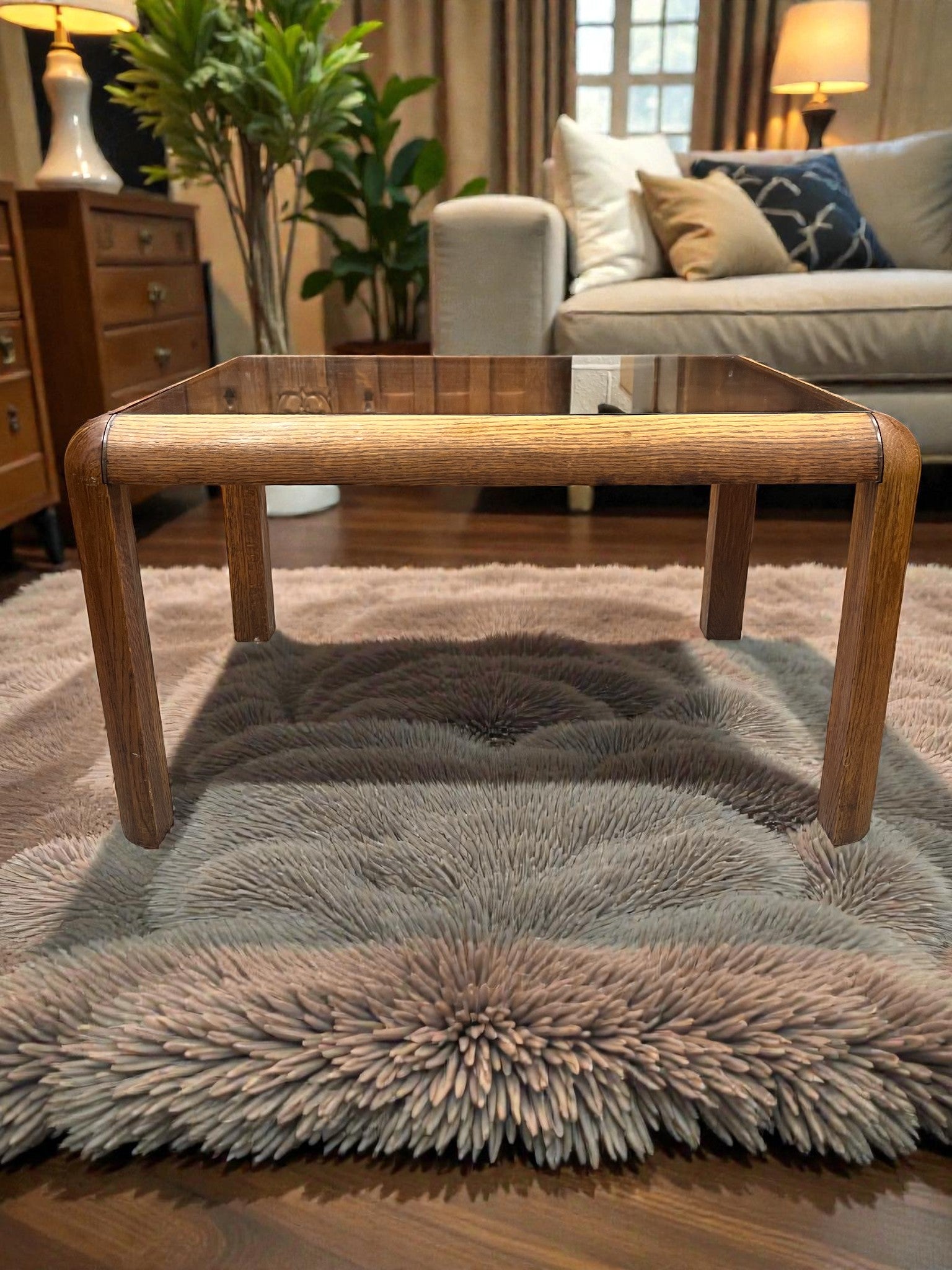 Danish Style Mid-Century Glass Coffee Table | Rounded Teak Frame