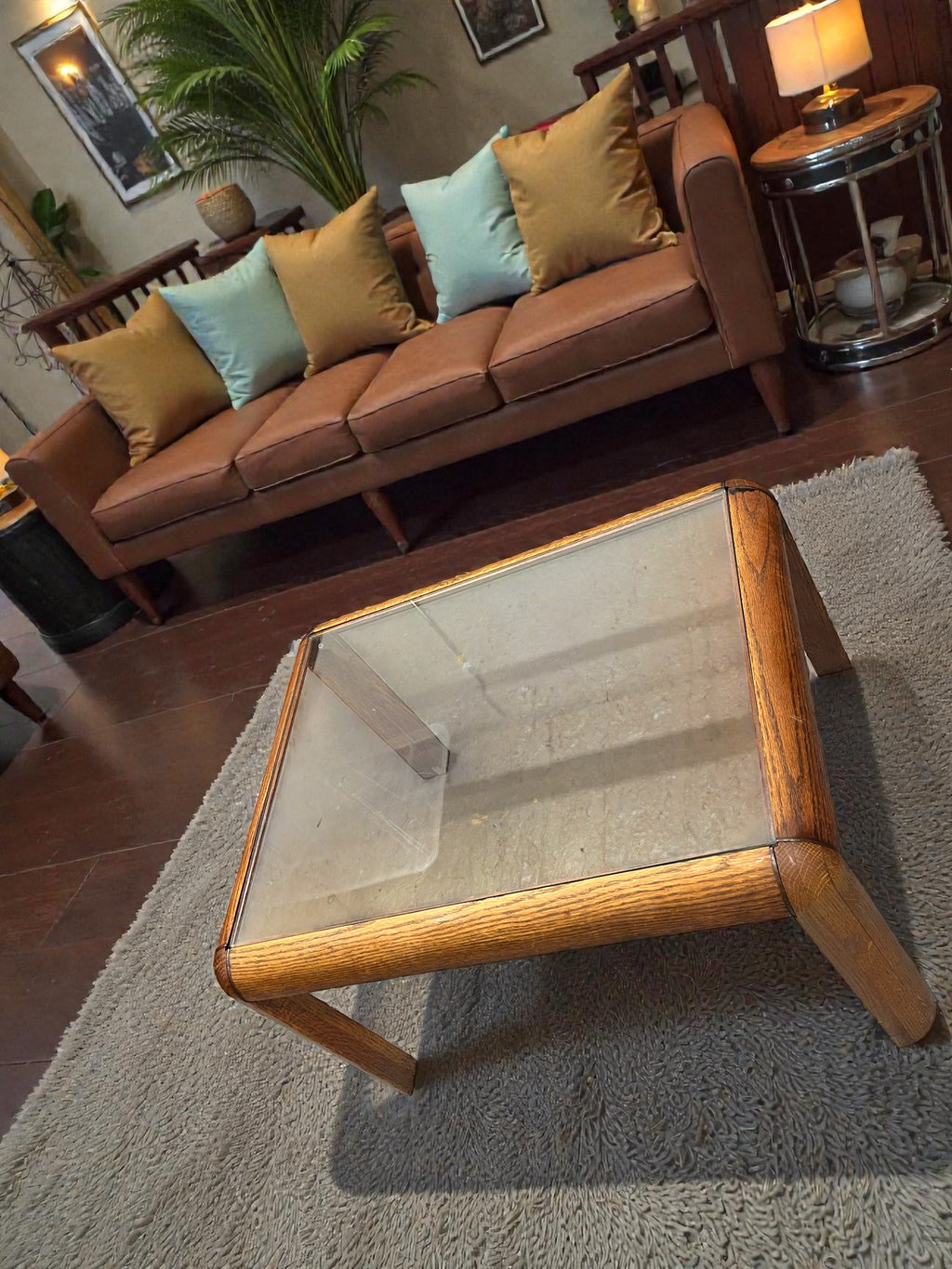 Danish Style Mid-Century Glass Coffee Table | Rounded Teak Frame