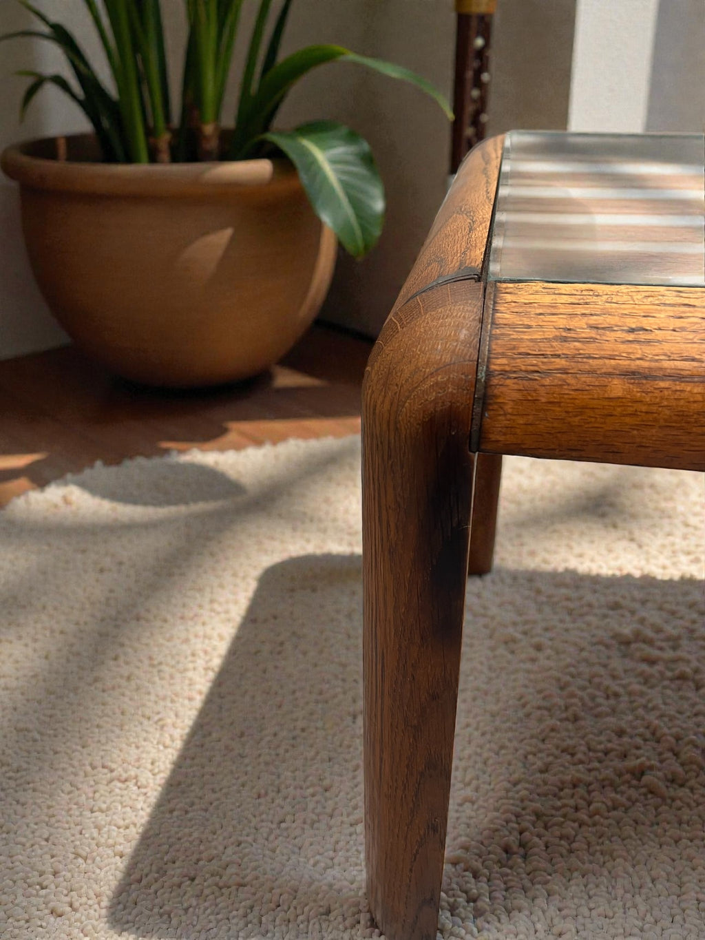 Danish Style Mid-Century Glass Coffee Table | Rounded Teak Frame