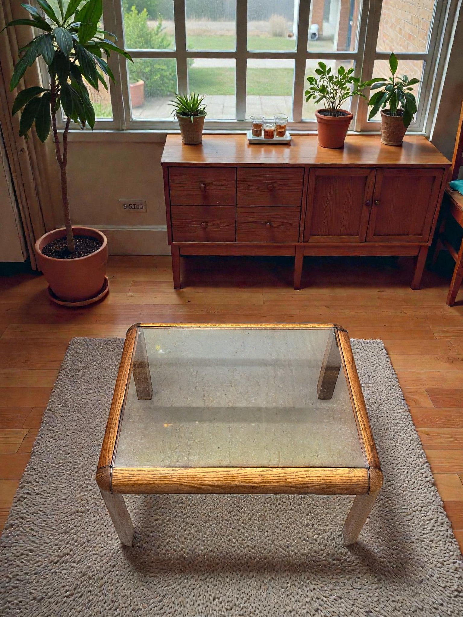 Danish Style Mid-Century Glass Coffee Table | Rounded Teak Frame