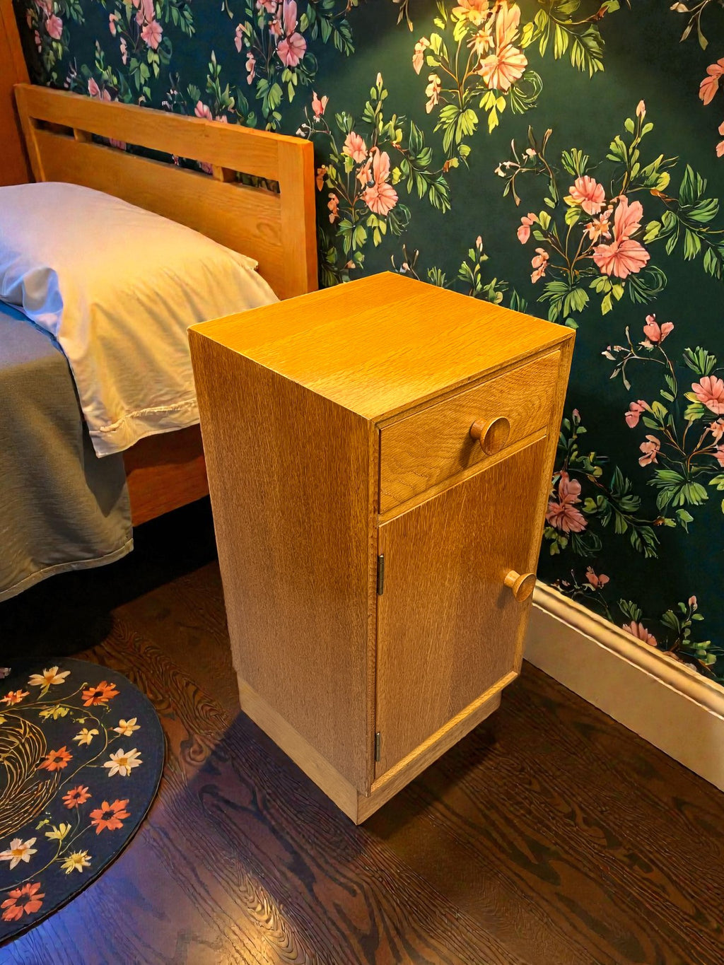 Meredew Mid-Century Bedside Table | Vintage Slim Nightstand with Drawer & Cupboard