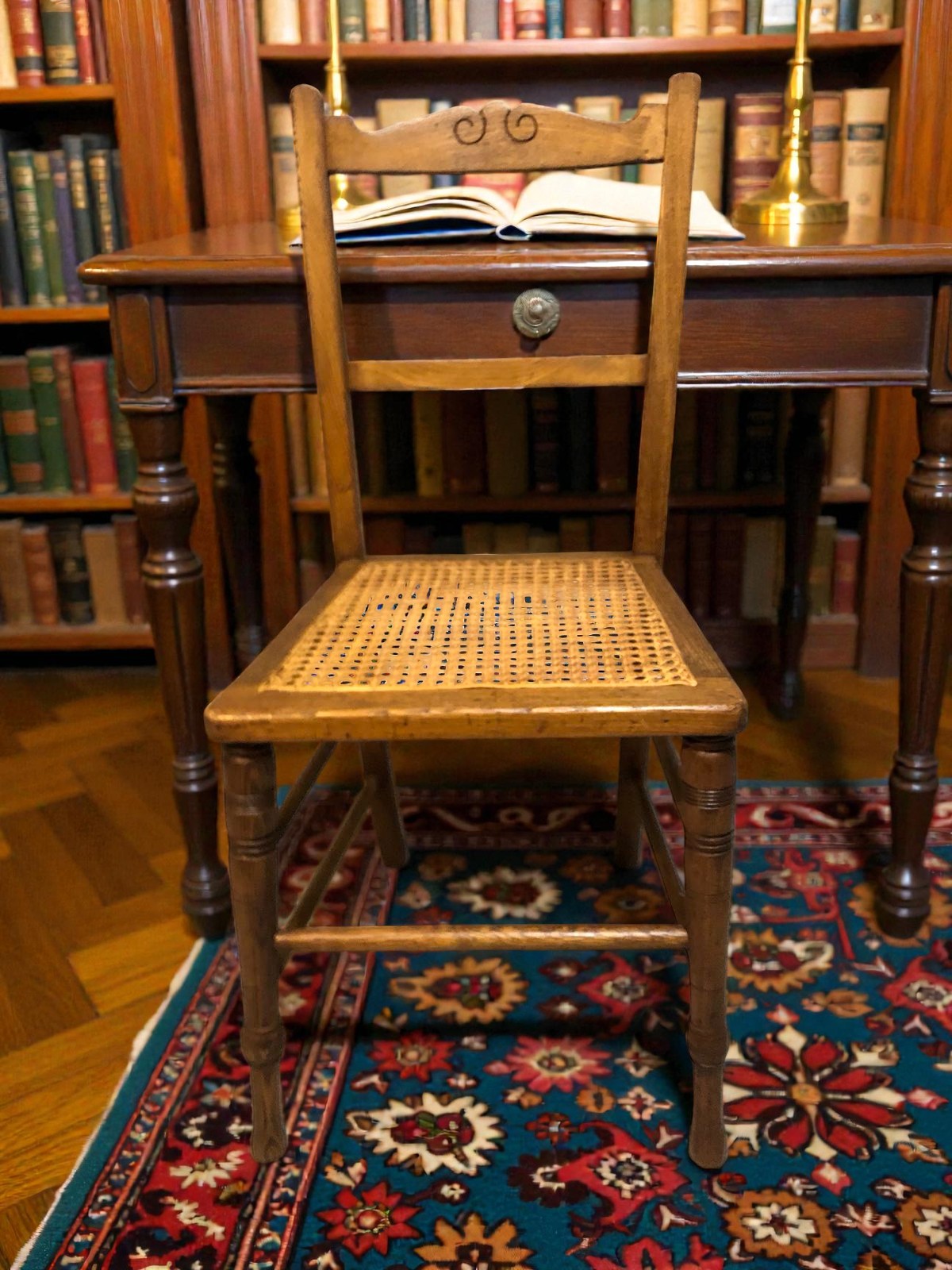 Antique Cane Chair with Rattan Seat | Vintage Accent Chair