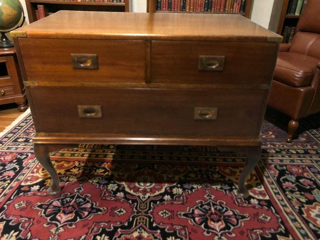Antique Campaign Chest on Queen Anne Legs | Brass Bound Military Style Drawers