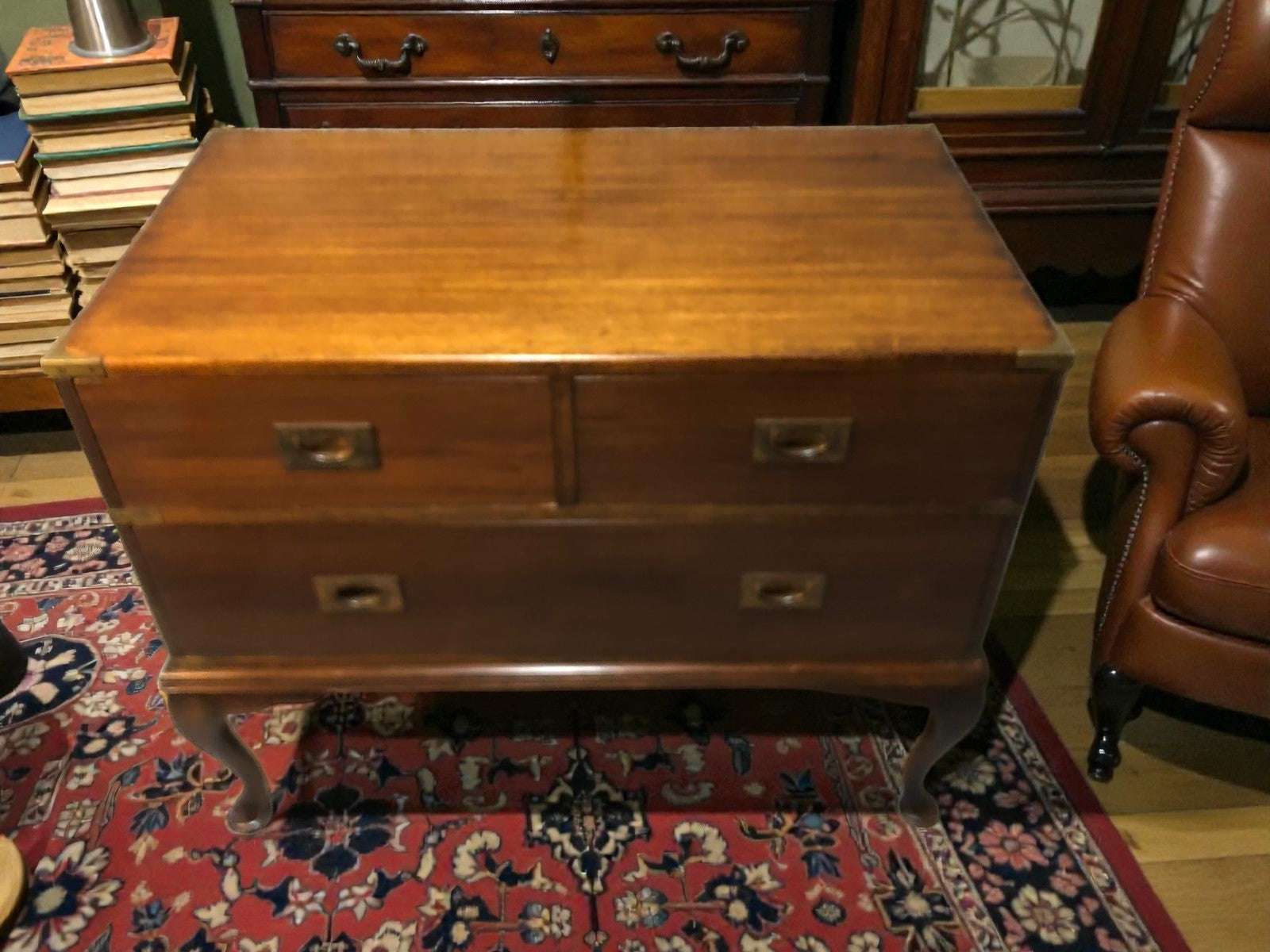 Antique Campaign Chest on Queen Anne Legs | Brass Bound Military Style Drawers