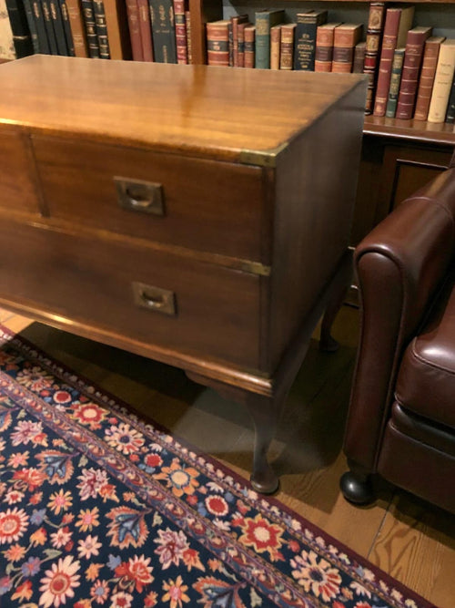 Antique Campaign Chest on Queen Anne Legs | Brass Bound Military Style Drawers