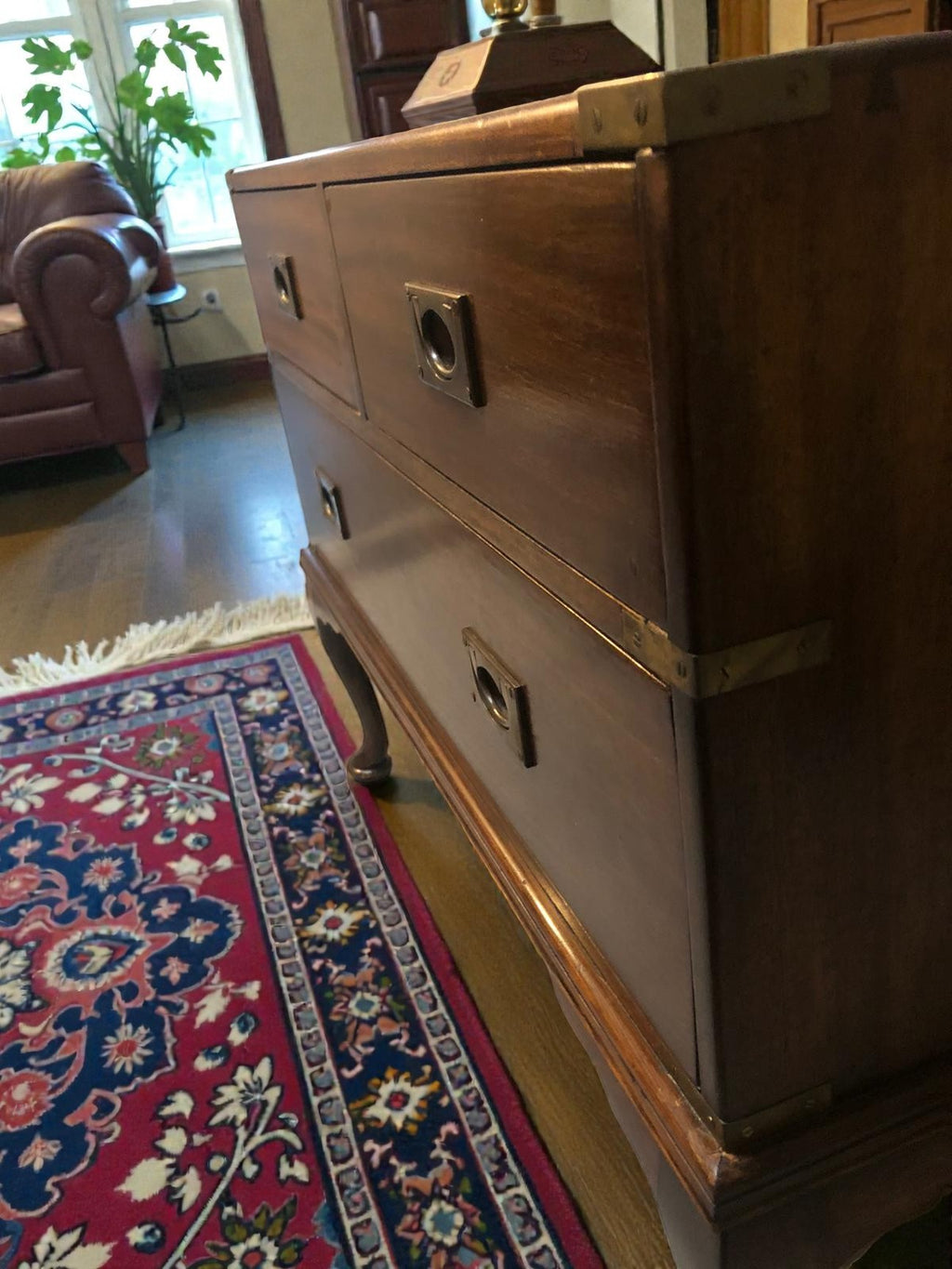 Antique Campaign Chest on Queen Anne Legs | Brass Bound Military Style Drawers