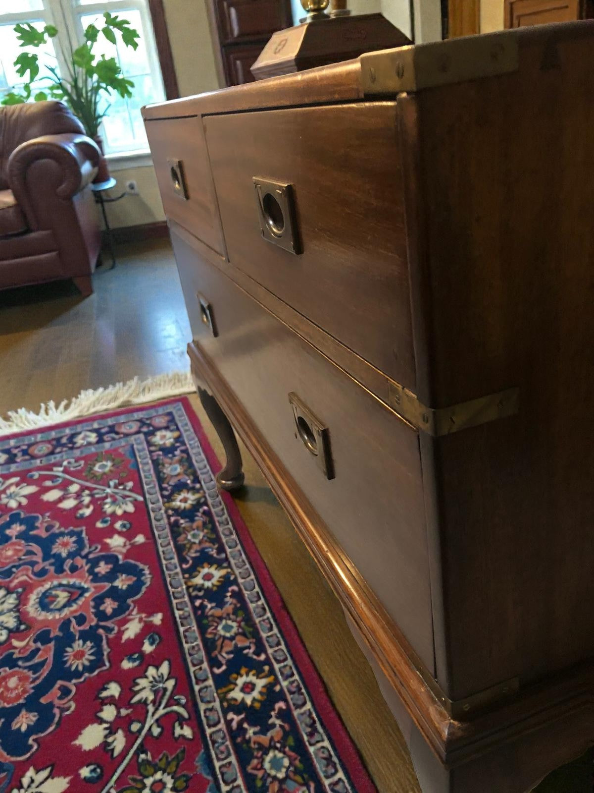 Antique Campaign Chest on Queen Anne Legs | Brass Bound Military Style Drawers