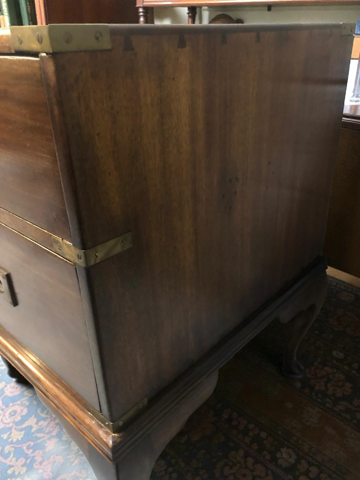 Antique Campaign Chest on Queen Anne Legs | Brass Bound Military Style Drawers